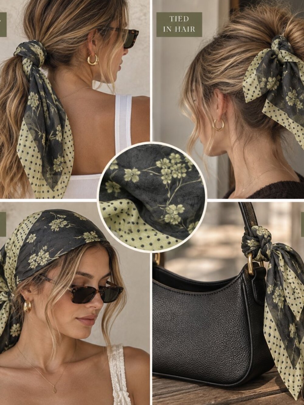 Floral Square Neck Scarf 18” Charcoal Sage Silk Like Vintage Cottagecore